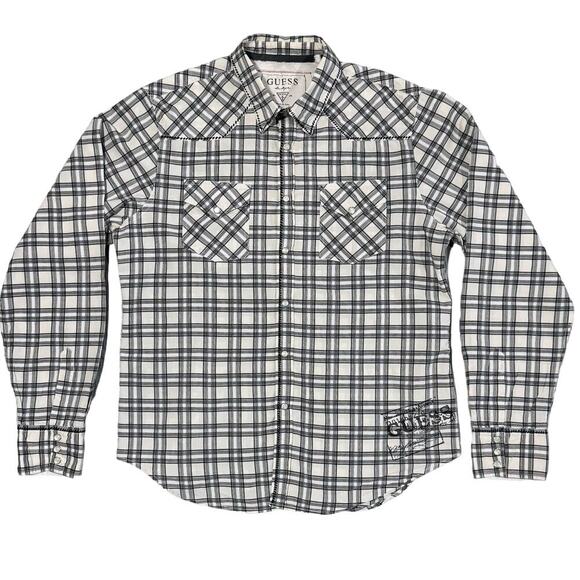 Men's Black &‎ White Western Plaid Shirt Pearl Snaps size Large by Guess - Picture 1 of 11